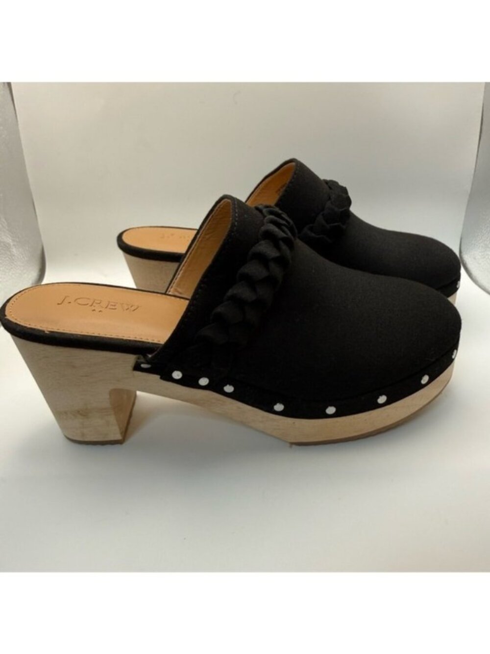 J.Crew Factory Wooden Heel Clog Mules Size 7 Black Braided Strap Platform